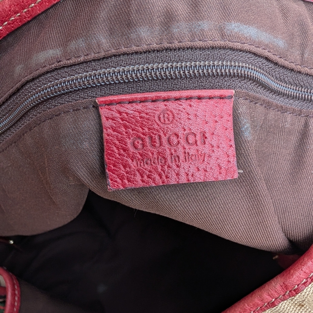 Gucci GG Canvas Tote Bag Red Leather Trim Monogram Shoulder Bag Authentic - Picture 8 of 12